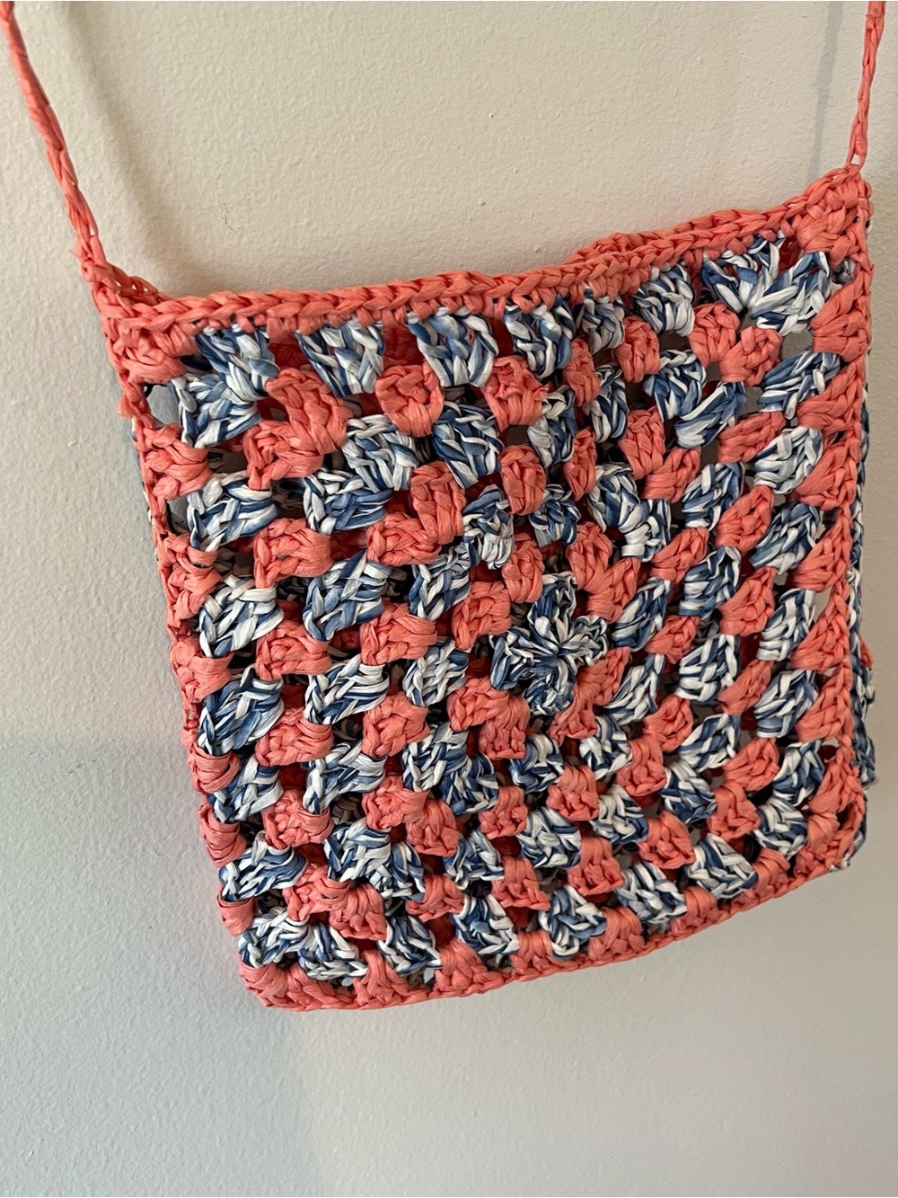 Handmade Paper Yarn Coral & Blue Crochet Crossbody Bag Raffia Purse